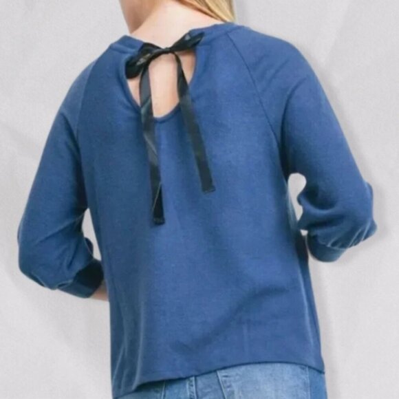 Tresics Blouse Round Neck Mid Length Sleeve Tie Back Ribbed Cuff Blue W S/M NWOT - Picture 2 of 5